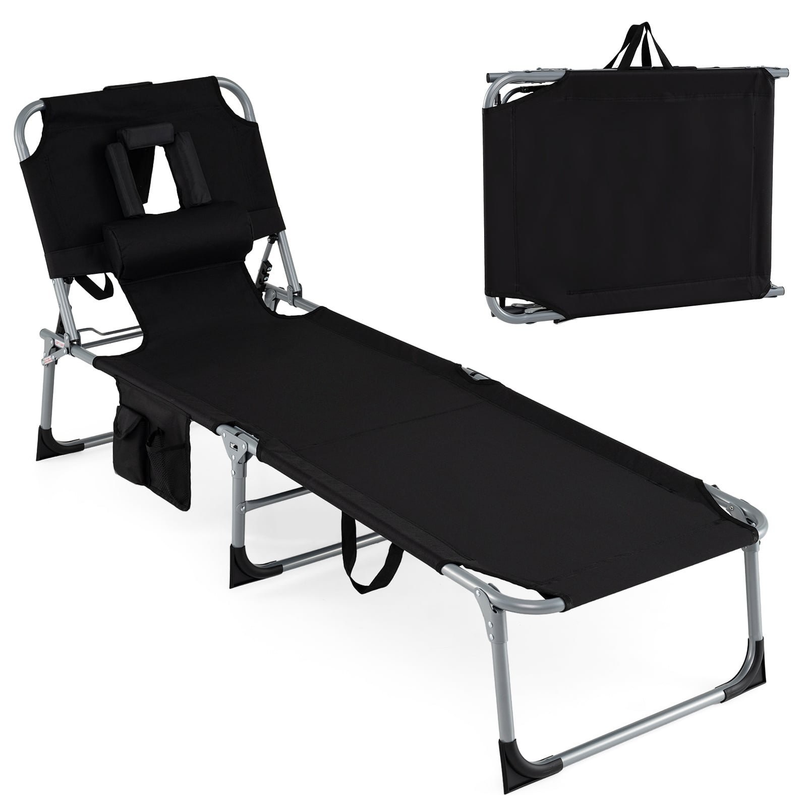Portable Chaise Lounge Chair with 4-Position Adjustable Backrest and Face Arm Holes-Black