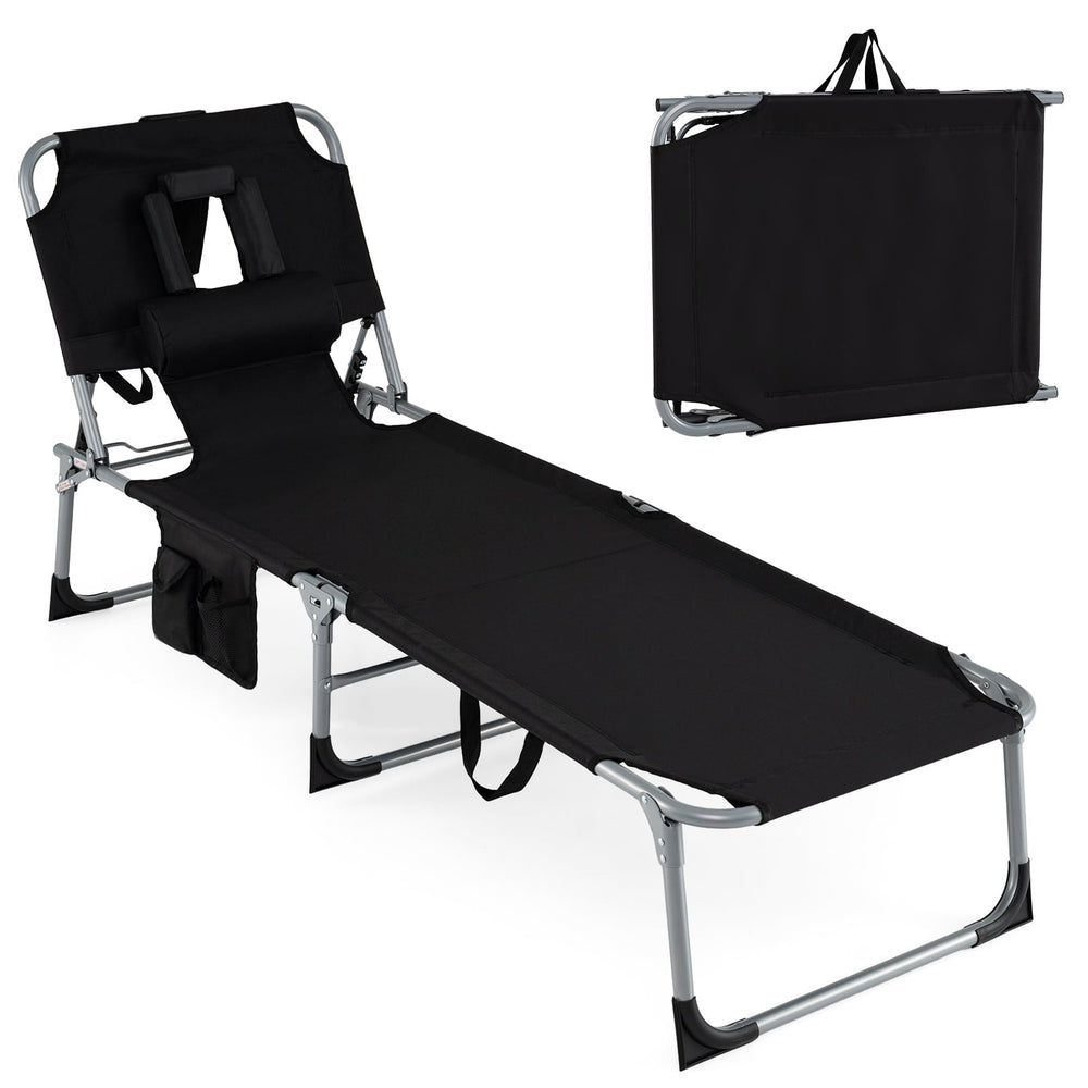 Portable Chaise Lounge Chair with 4-Position Adjustable Backrest and Face Arm Holes-Black