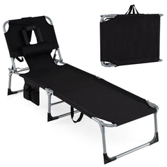 Portable Chaise Lounge Chair with 4-Position Adjustable Backrest and Face Arm Holes-Black
