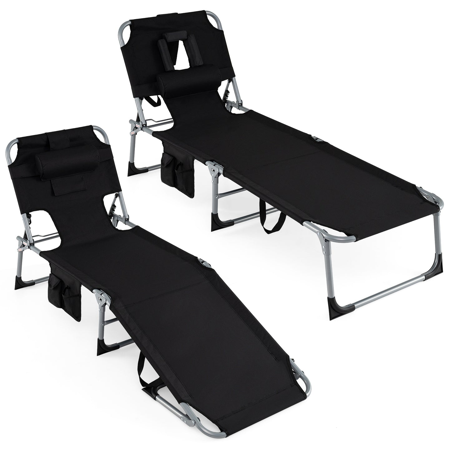 Portable Chaise Lounge Chair with 4-Position Adjustable Backrest and Face Arm Holes-Black