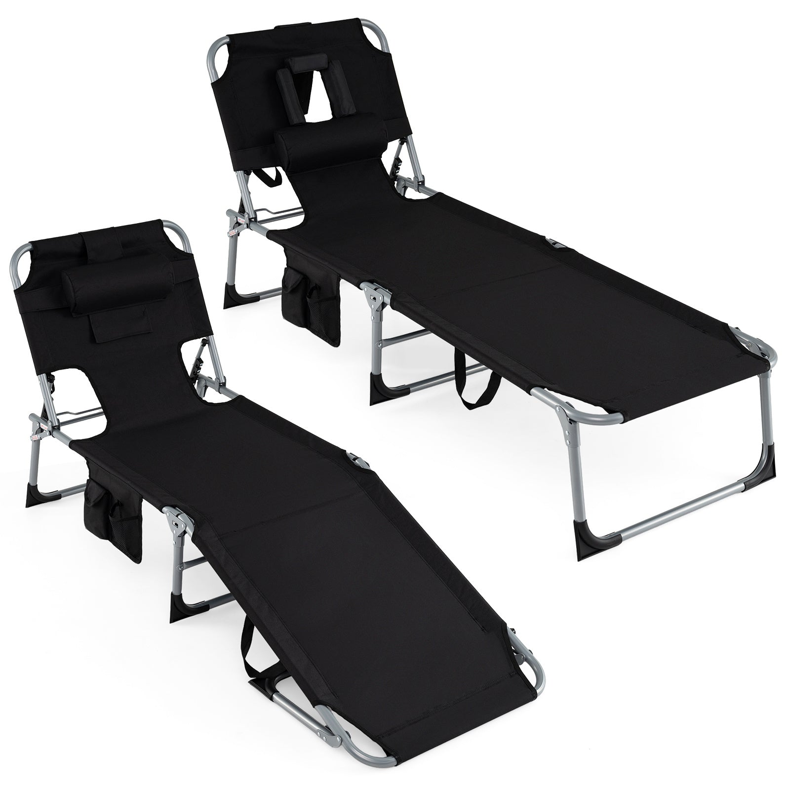 Portable Chaise Lounge Chair with 4-Position Adjustable Backrest and Face Arm Holes-Black