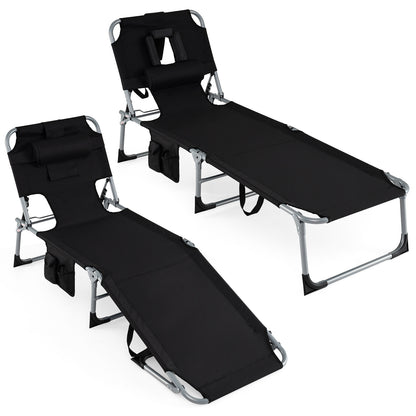 Portable Chaise Lounge Chair with 4-Position Adjustable Backrest and Face Arm Holes-Black