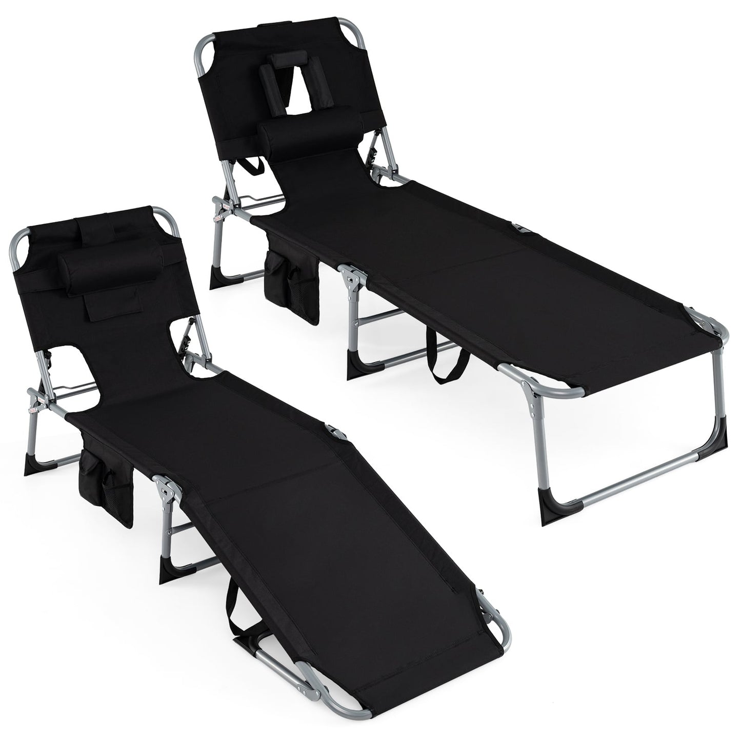 Portable Chaise Lounge Chair with 4-Position Adjustable Backrest and Face Arm Holes-Black