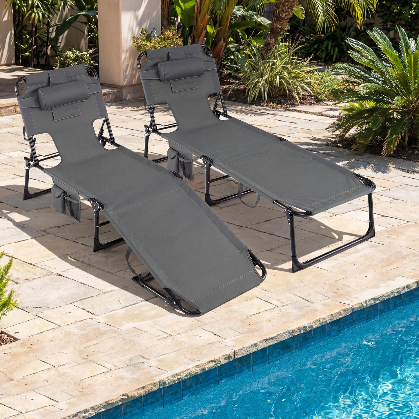Portable Chaise Lounge Chair with 4-Position Adjustable Backrest and Face Arm Holes-Grey