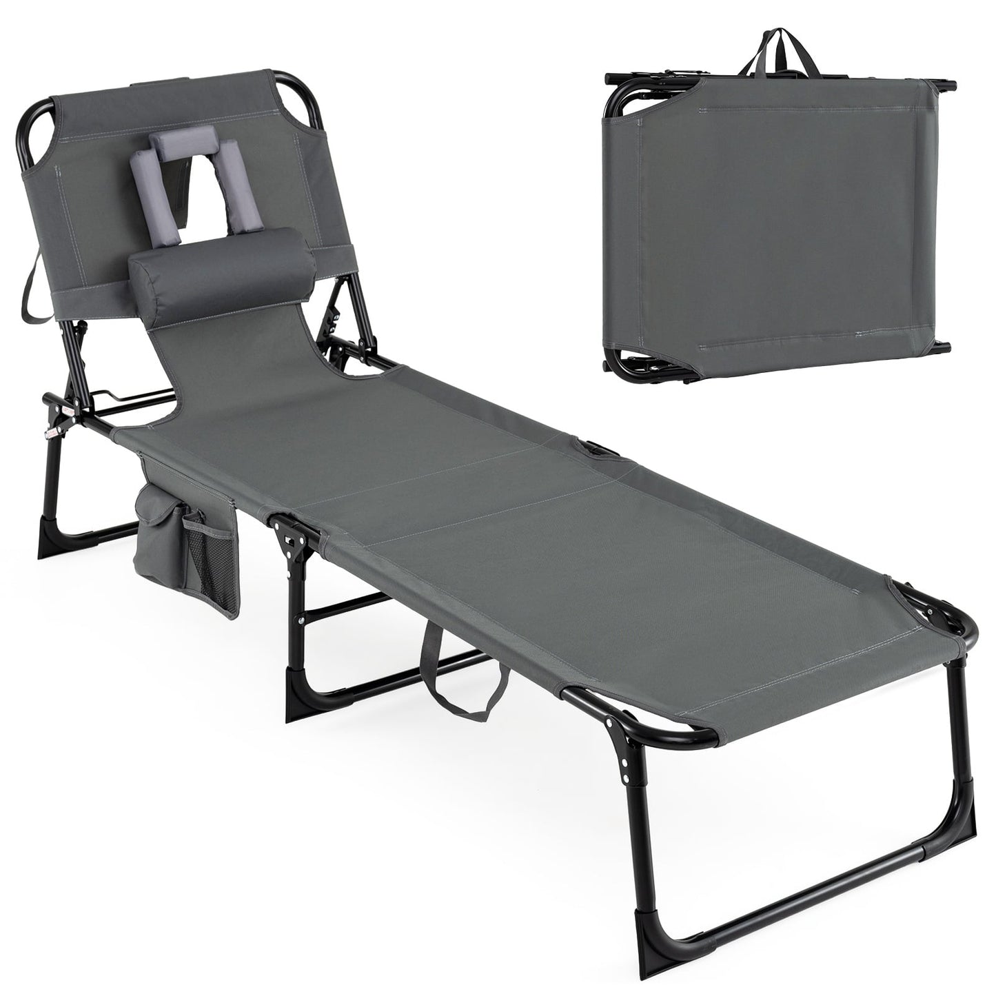 Portable Chaise Lounge Chair with 4-Position Adjustable Backrest and Face Arm Holes-Grey