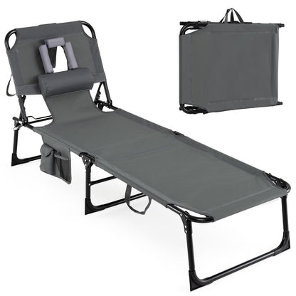 Portable Chaise Lounge Chair with 4-Position Adjustable Backrest and Face Arm Holes-Grey