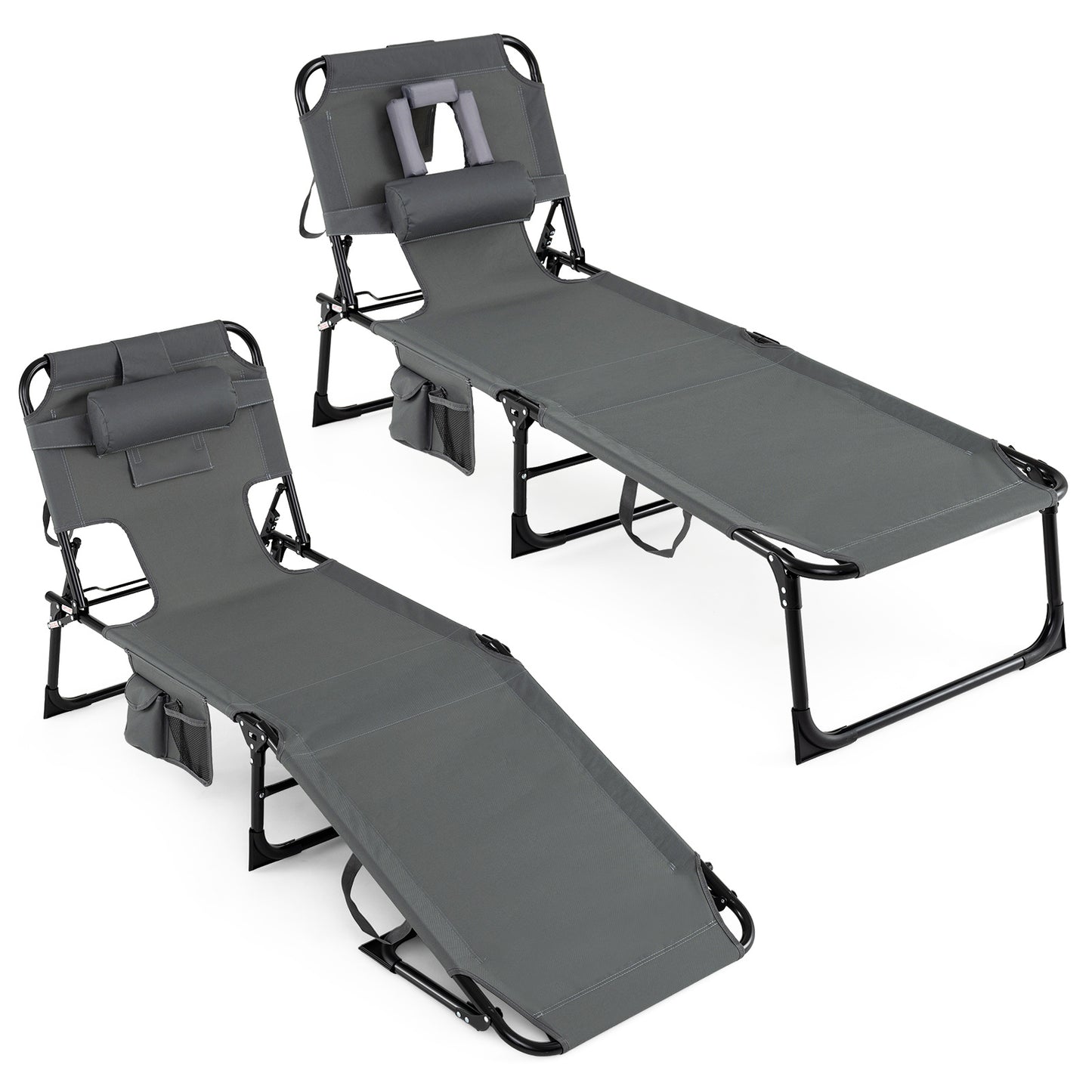 Portable Chaise Lounge Chair with 4-Position Adjustable Backrest and Face Arm Holes-Grey