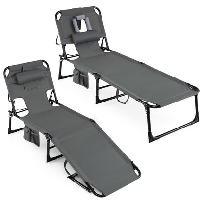 Portable Chaise Lounge Chair with 4-Position Adjustable Backrest and Face Arm Holes-Grey