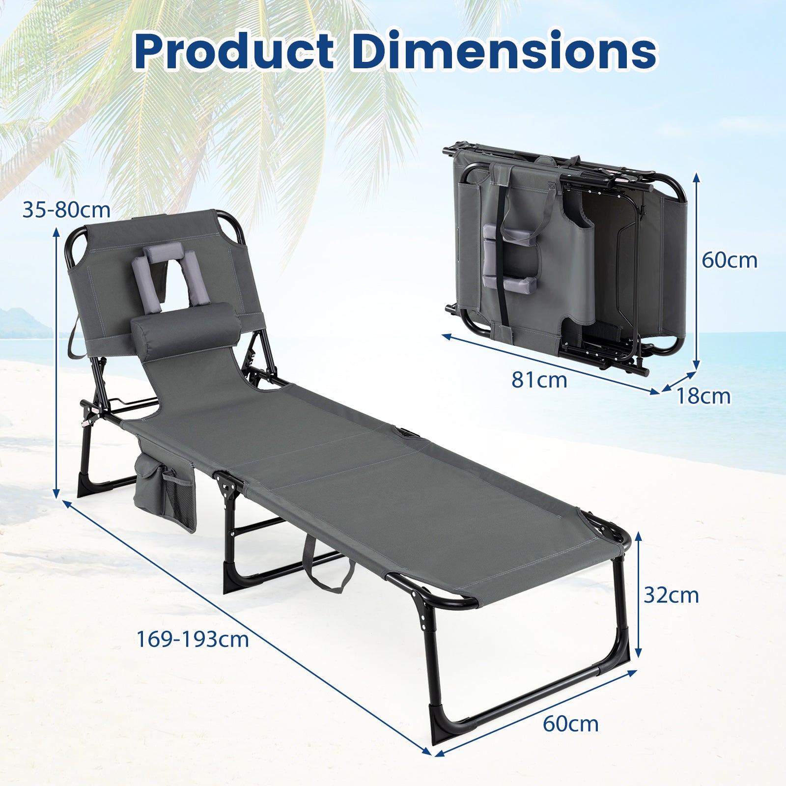 Portable Chaise Lounge Chair with 4-Position Adjustable Backrest and Face Arm Holes-Grey