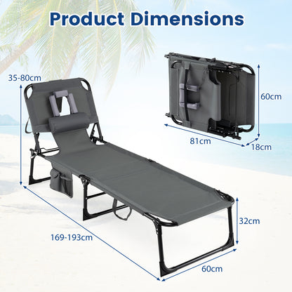 Portable Chaise Lounge Chair with 4-Position Adjustable Backrest and Face Arm Holes-Grey