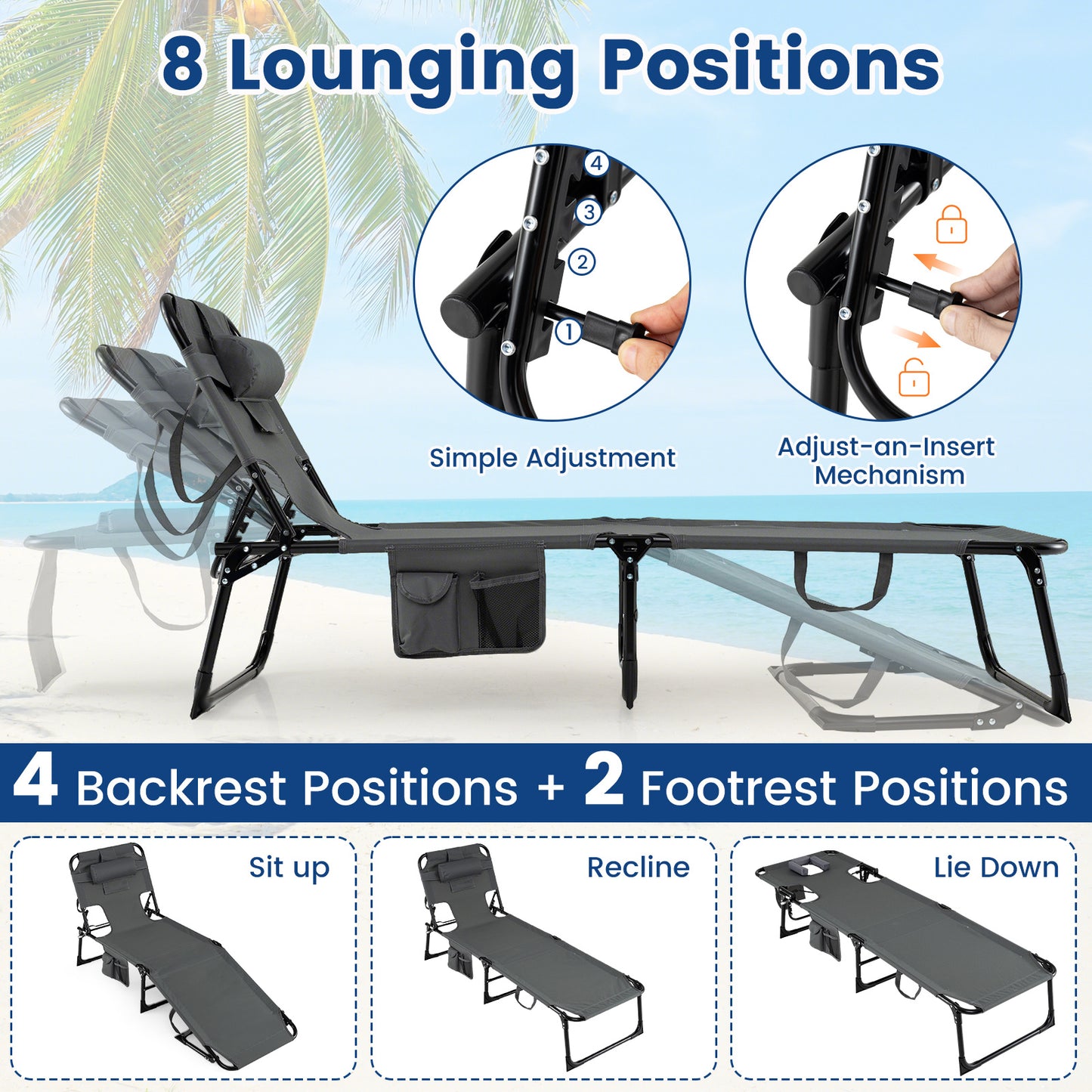 Portable Chaise Lounge Chair with 4-Position Adjustable Backrest and Face Arm Holes-Grey