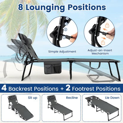 Portable Chaise Lounge Chair with 4-Position Adjustable Backrest and Face Arm Holes-Grey