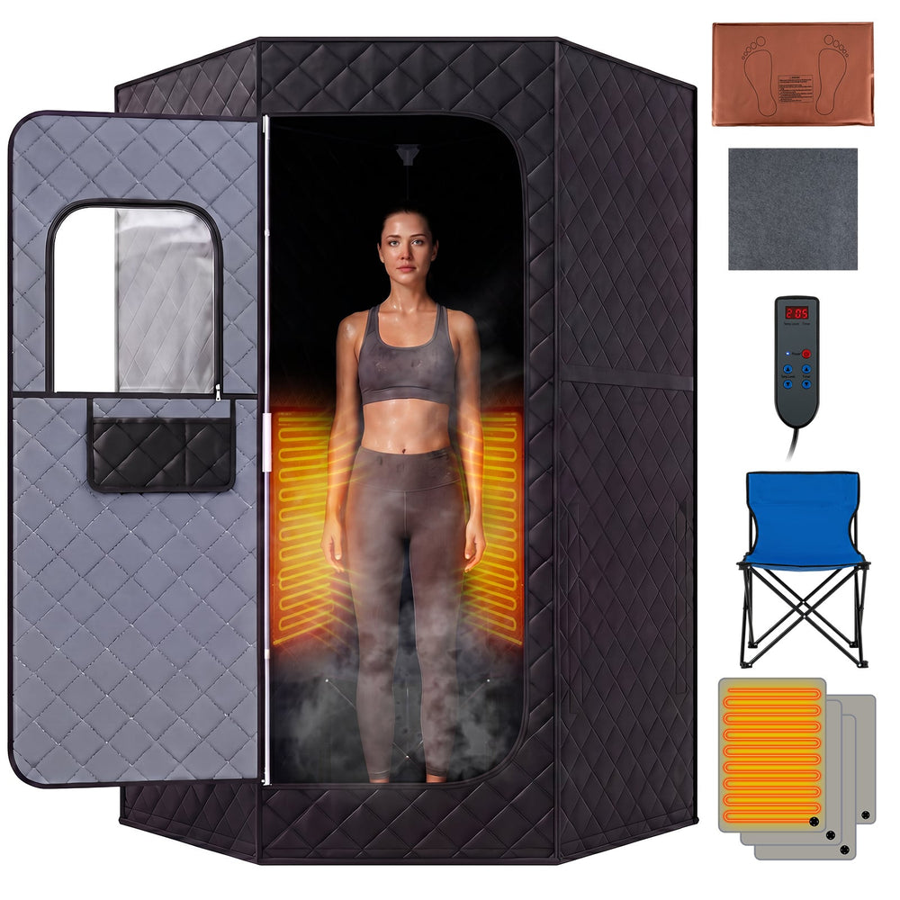 Portable Far Infrared Sauna Box with Heated Foot Pad and Remote Control-Black