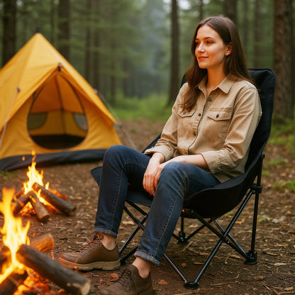 Portable Folding Camping Chair with 2-Level Adjustable Backrest and Side Pocket-Black