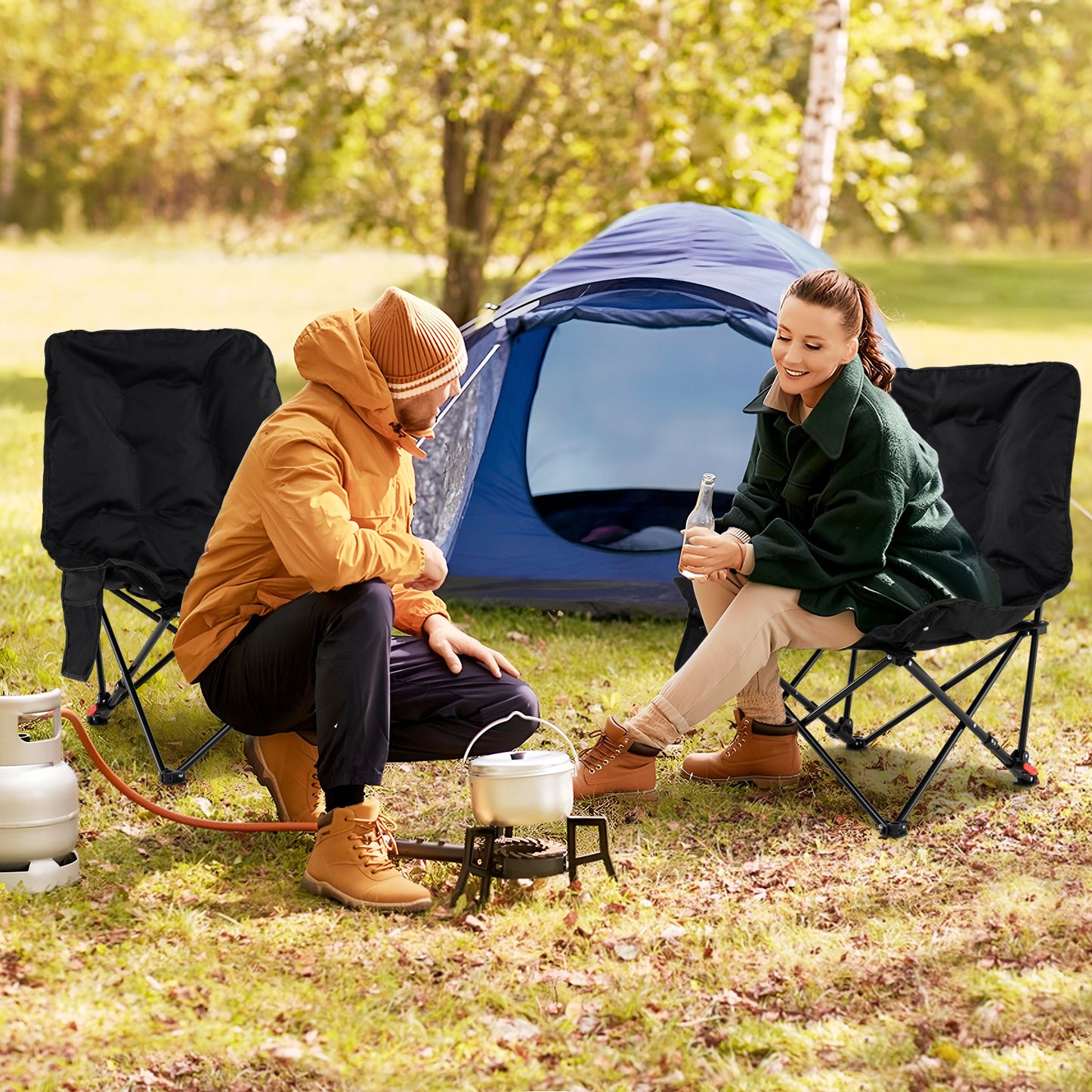 Portable Folding Camping Chair with 2-Level Adjustable Backrest and Side Pocket-Black