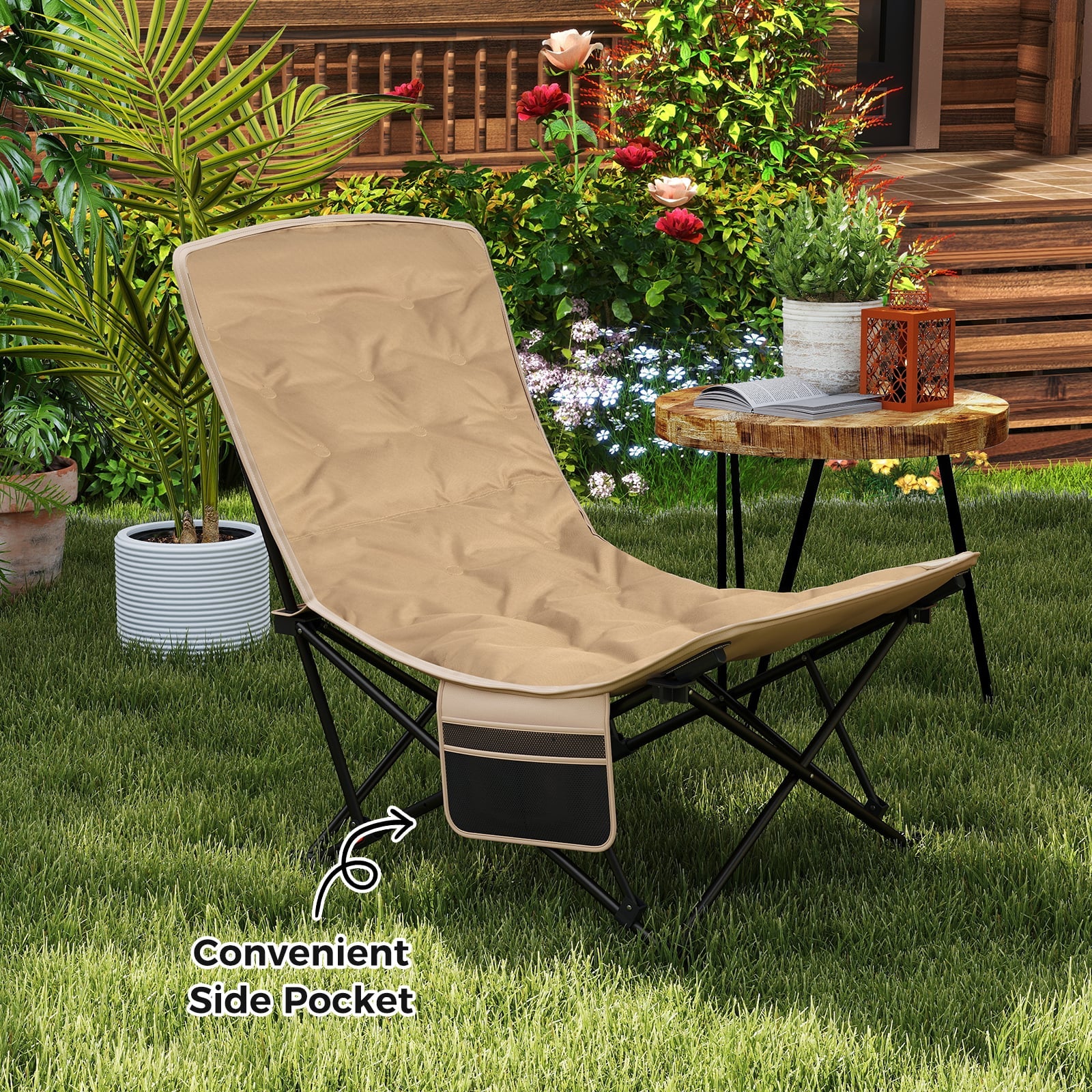 Portable Folding Camping Chair with 4-Position Padded for Sports Fishing-Khaki