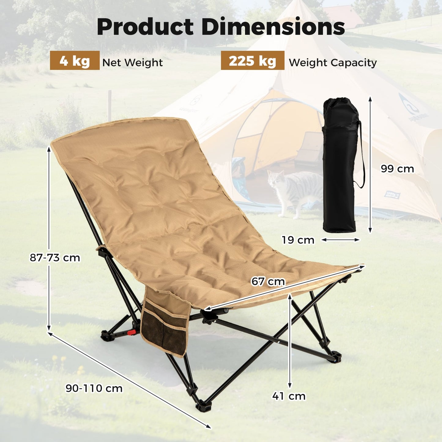 Portable Folding Camping Chair with 4-Position Padded for Sports Fishing-Khaki