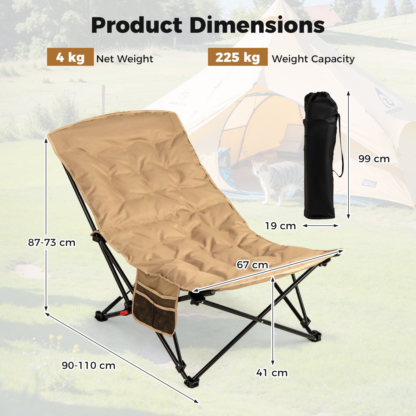Portable Folding Camping Chair with 4-Position Padded for Sports Fishing-Khaki