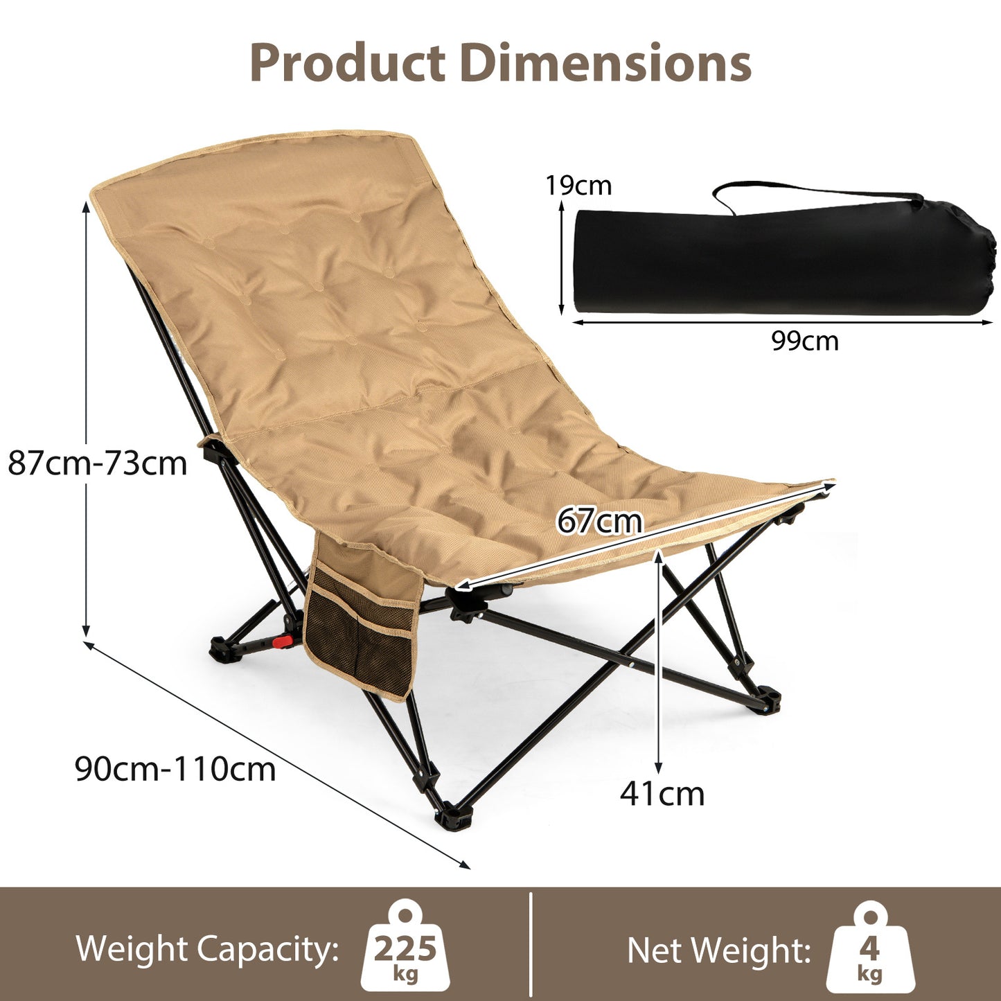 Portable Folding Camping Chair with 4-Position Padded for Sports Fishing-Khaki