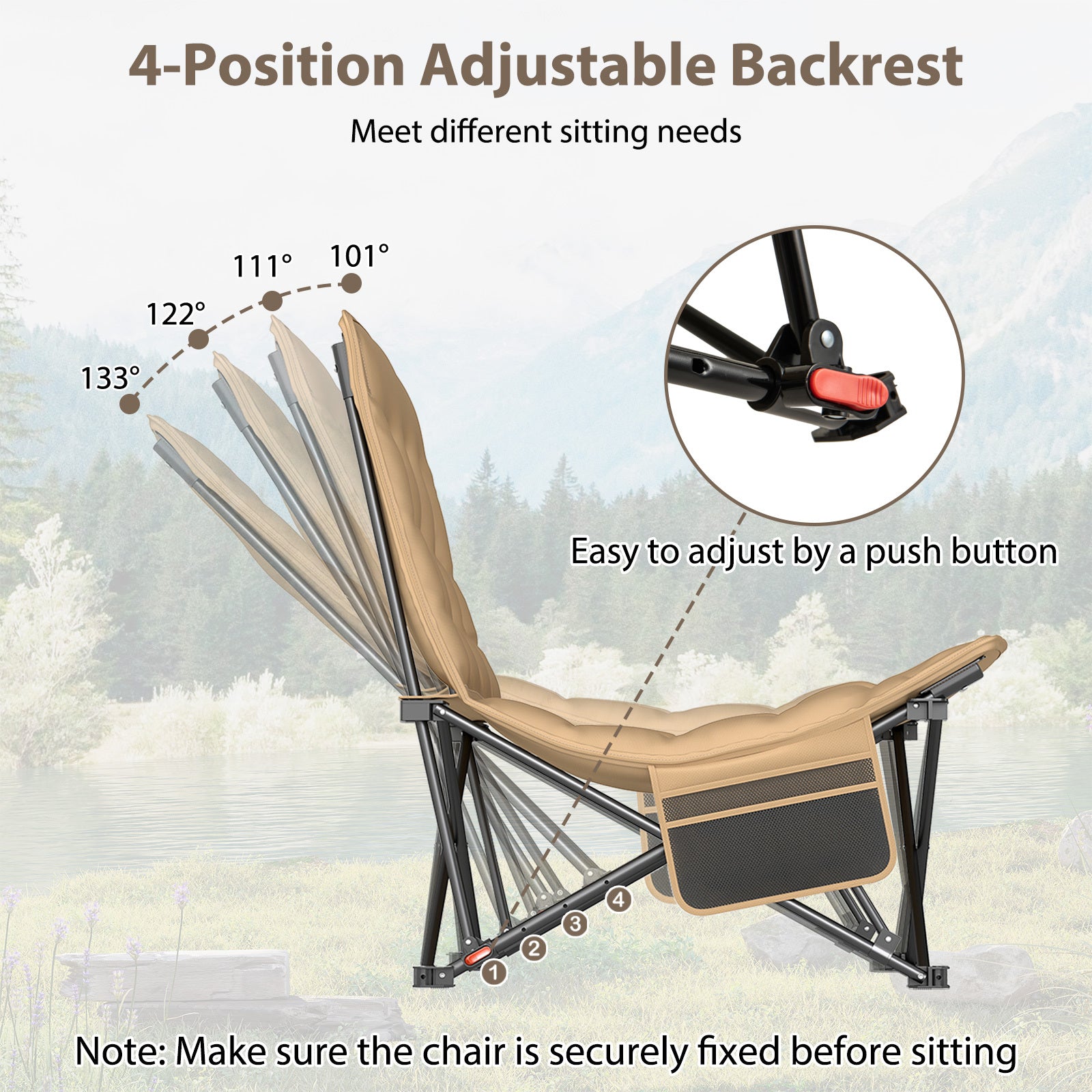 Portable Folding Camping Chair with 4-Position Padded for Sports Fishing-Khaki