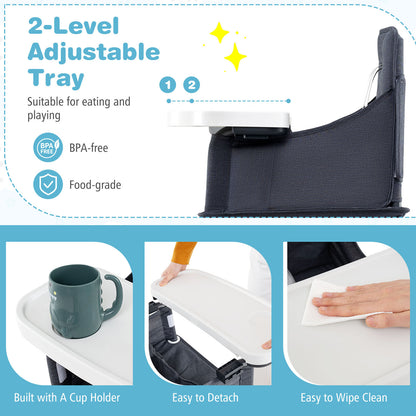 Portable High Chair for Travel Foldable Baby Feeding Chair with 2-Level Adjustable Tray-Grey