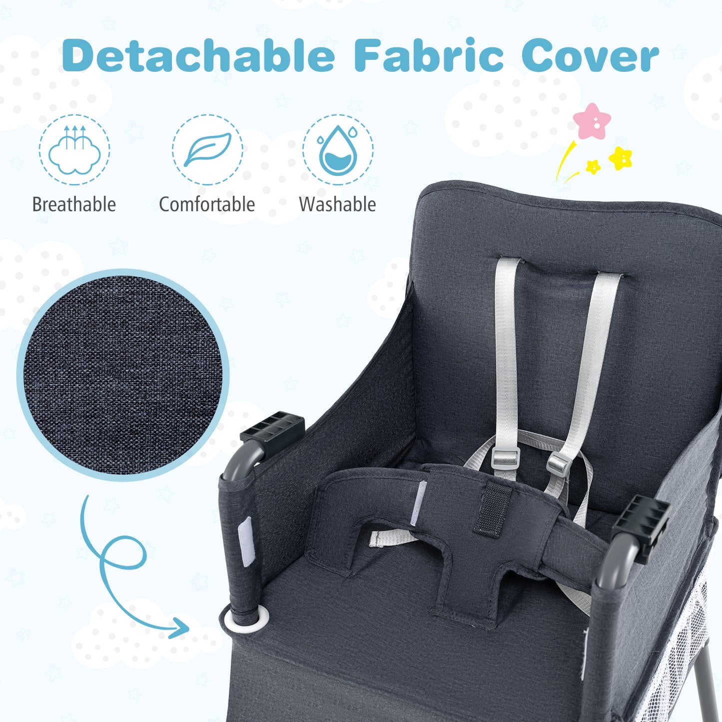 Portable High Chair for Travel Foldable Baby Feeding Chair with 2-Level Adjustable Tray-Grey