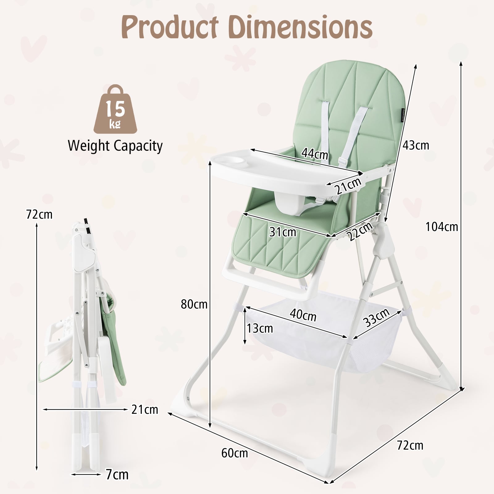 Portable High Chair with 3-Level Adjustable Tray and Footrest-Green