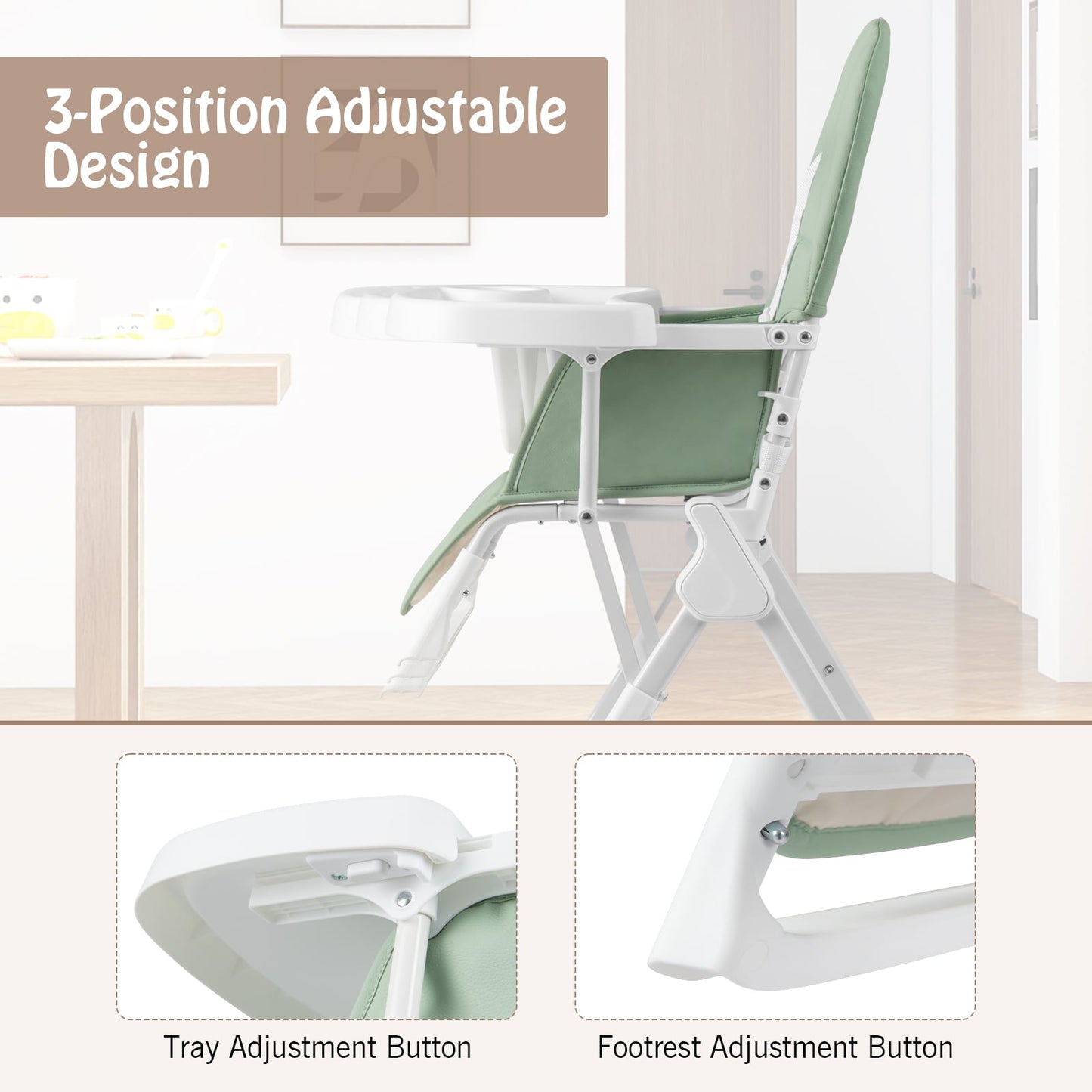 Portable High Chair with 3-Level Adjustable Tray and Footrest-Green