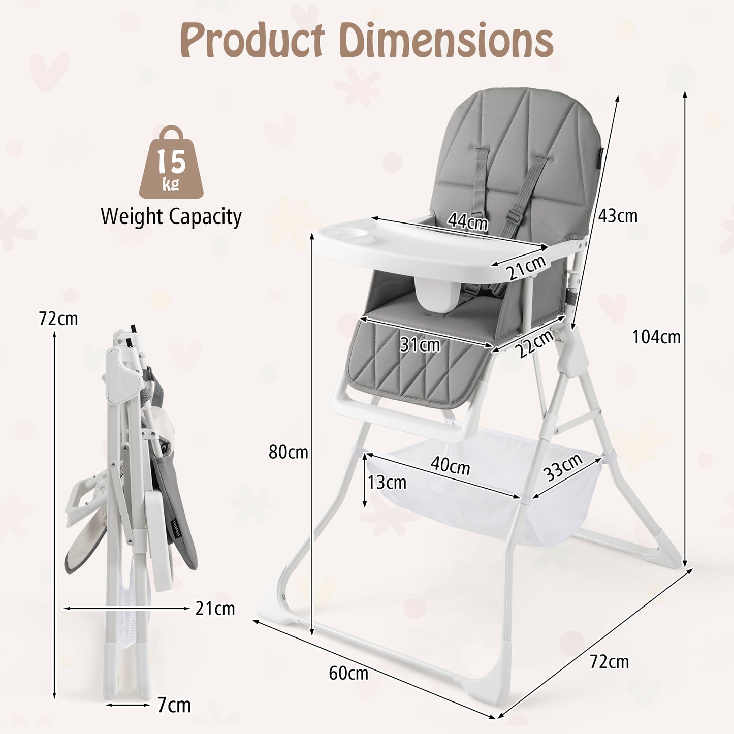 Portable High Chair with 3-Level Adjustable Tray and Footrest-Grey