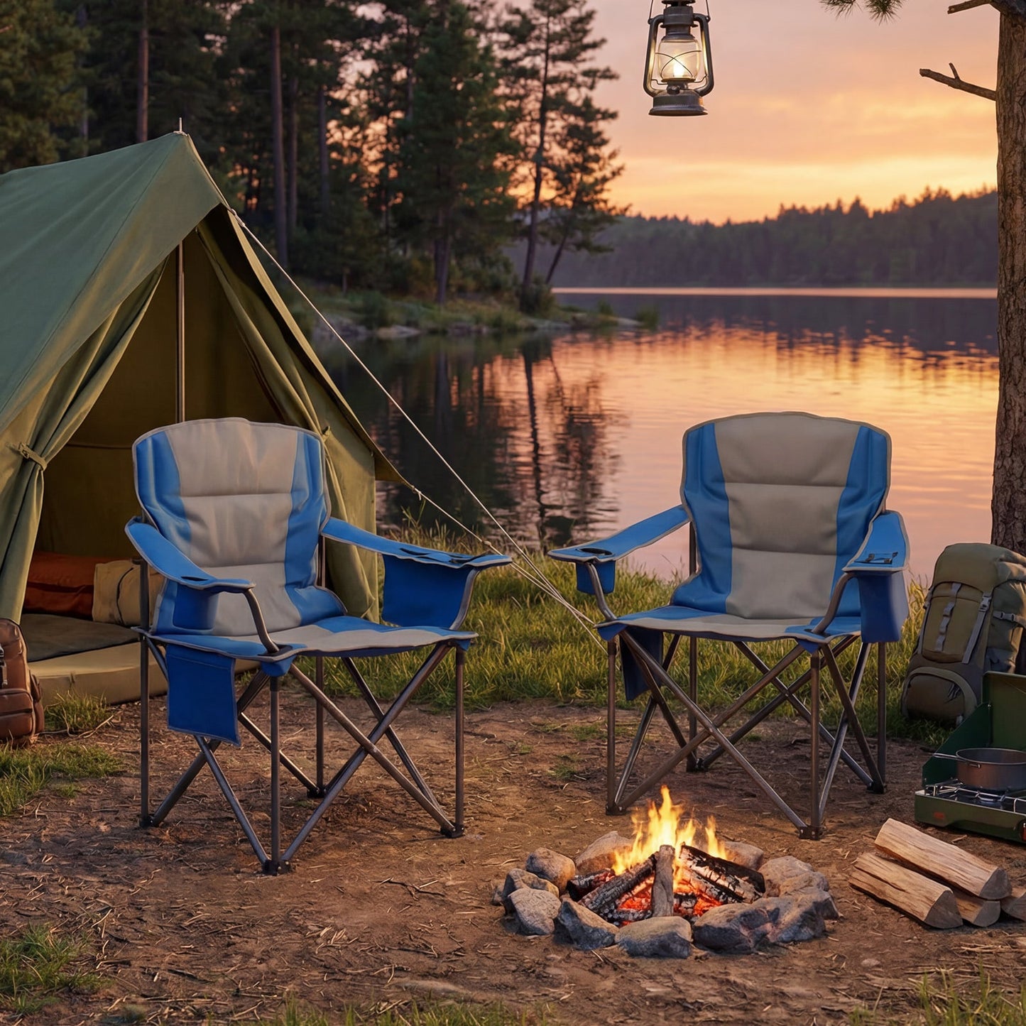 Portable Oversized Camping Chair with Zippered Cooler Pouch and Cup Holder-Blue
