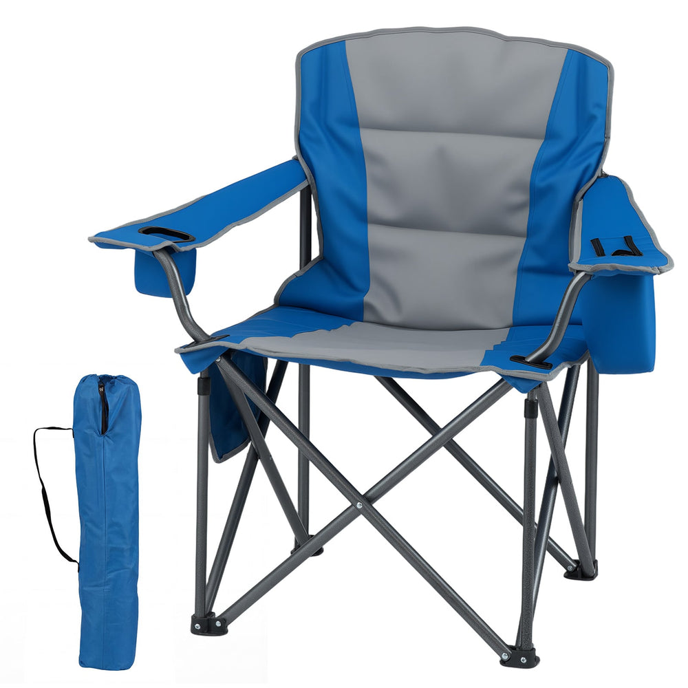 Portable Oversized Camping Chair with Zippered Cooler Pouch and Cup Holder-Blue