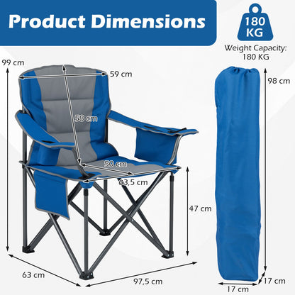 Portable Oversized Camping Chair with Zippered Cooler Pouch and Cup Holder-Blue