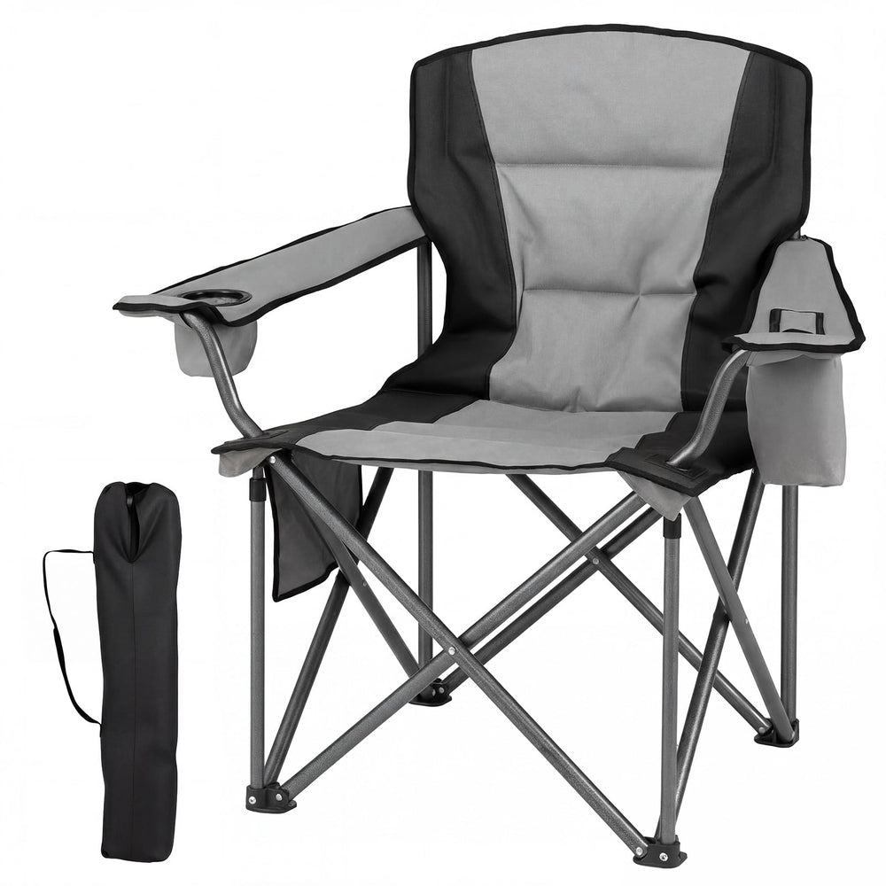 Portable Oversized Camping Chair with Zippered Cooler Pouch and Cup Holder-Grey