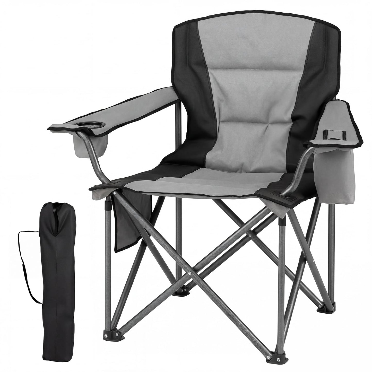 Portable Oversized Camping Chair with Zippered Cooler Pouch and Cup Holder-Grey
