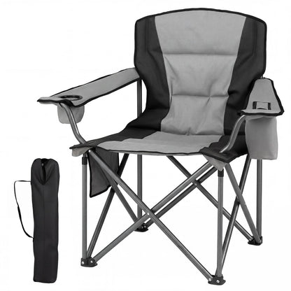 Portable Oversized Camping Chair with Zippered Cooler Pouch and Cup Holder-Grey