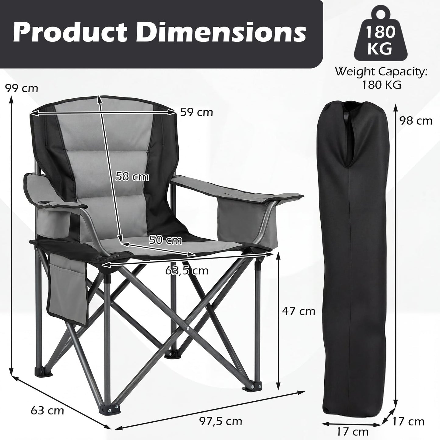 Portable Oversized Camping Chair with Zippered Cooler Pouch and Cup Holder-Grey