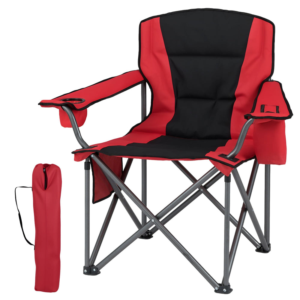 Portable Oversized Camping Chair with Zippered Cooler Pouch and Cup Holder-Red
