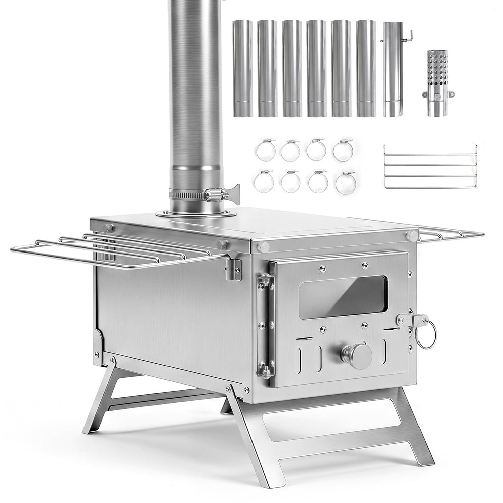 Portable Wood Burning Stove with 7 Chimney Pipes and Spark Arrestor-Silver