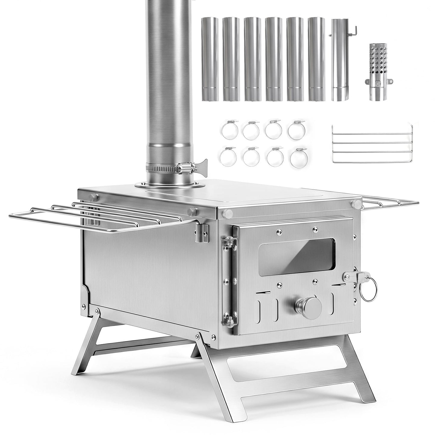 Portable Wood Burning Stove with 7 Chimney Pipes and Spark Arrestor-Silver