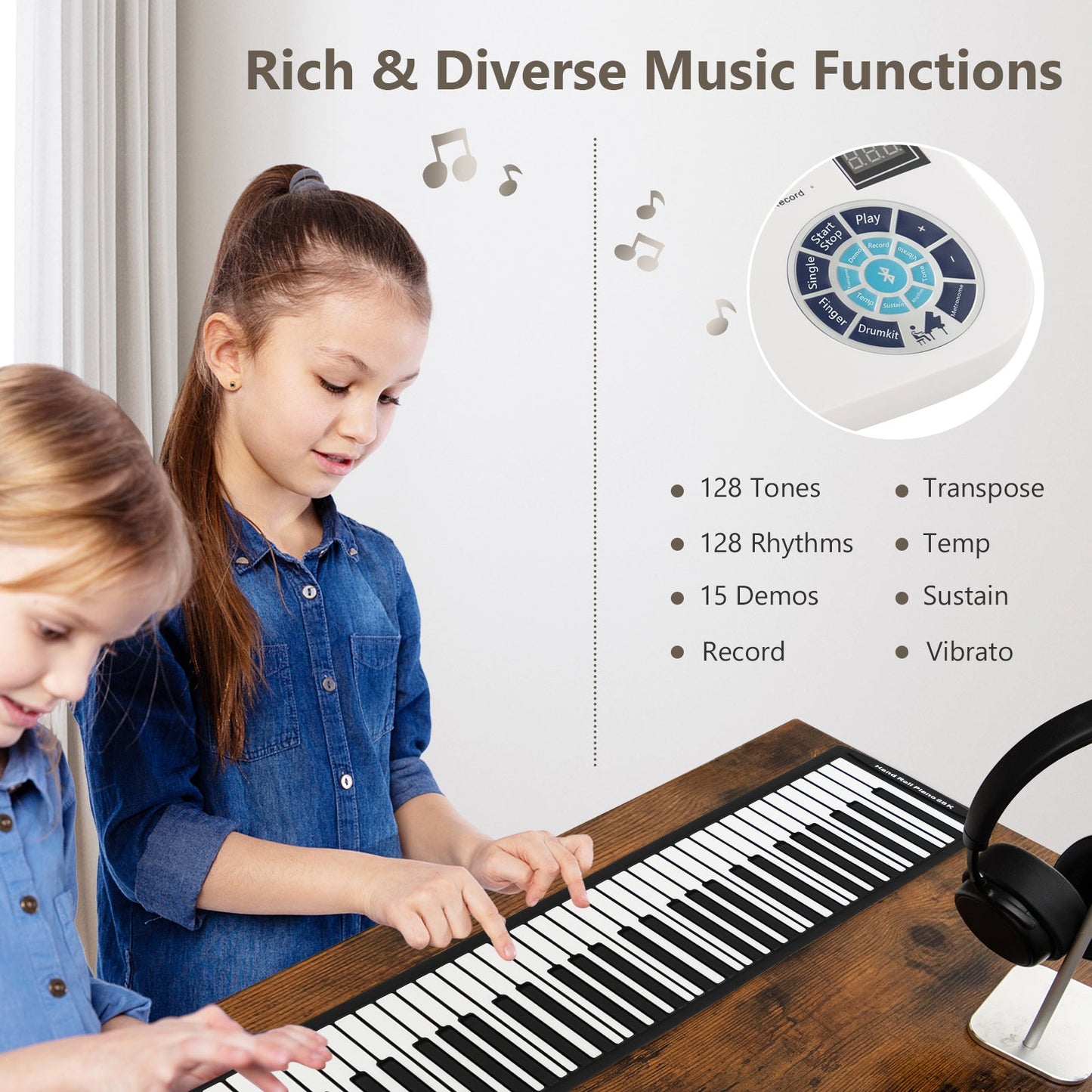 Portable 88-Key Roll Up Electronic Piano for Kids and Beginners-White