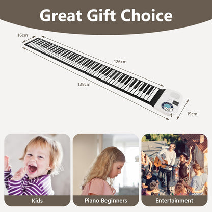 Portable 88-Key Roll Up Electronic Piano for Kids and Beginners-White
