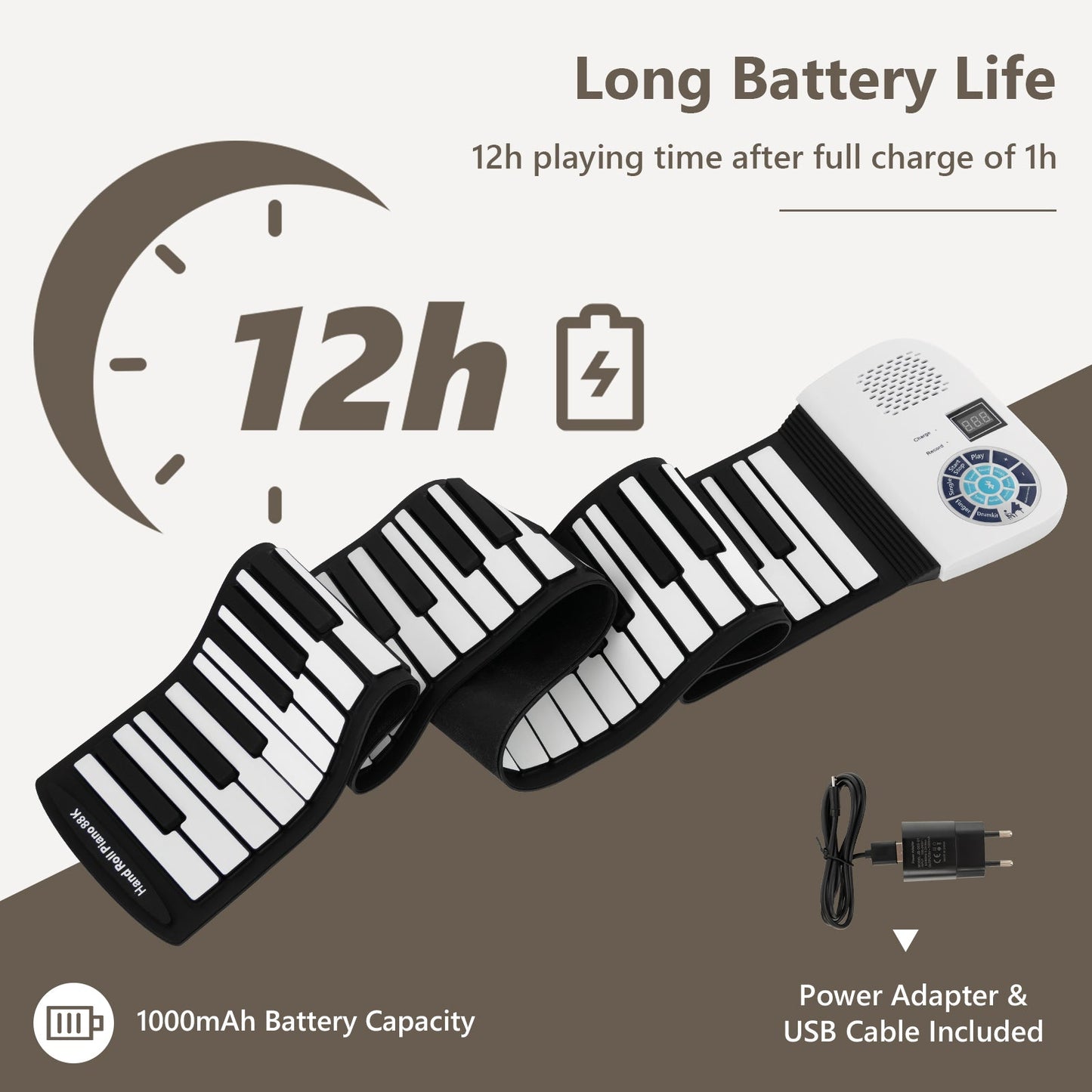 Portable 88-Key Roll Up Electronic Piano for Kids and Beginners-White