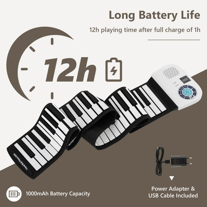 Portable 88-Key Roll Up Electronic Piano for Kids and Beginners-White