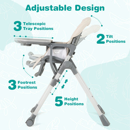 Portable Adjustable Highchair with Footrest and Detachable Tray for Babies-Beige