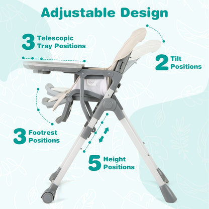Portable Adjustable Highchair with Footrest and Detachable Tray for Babies-Beige