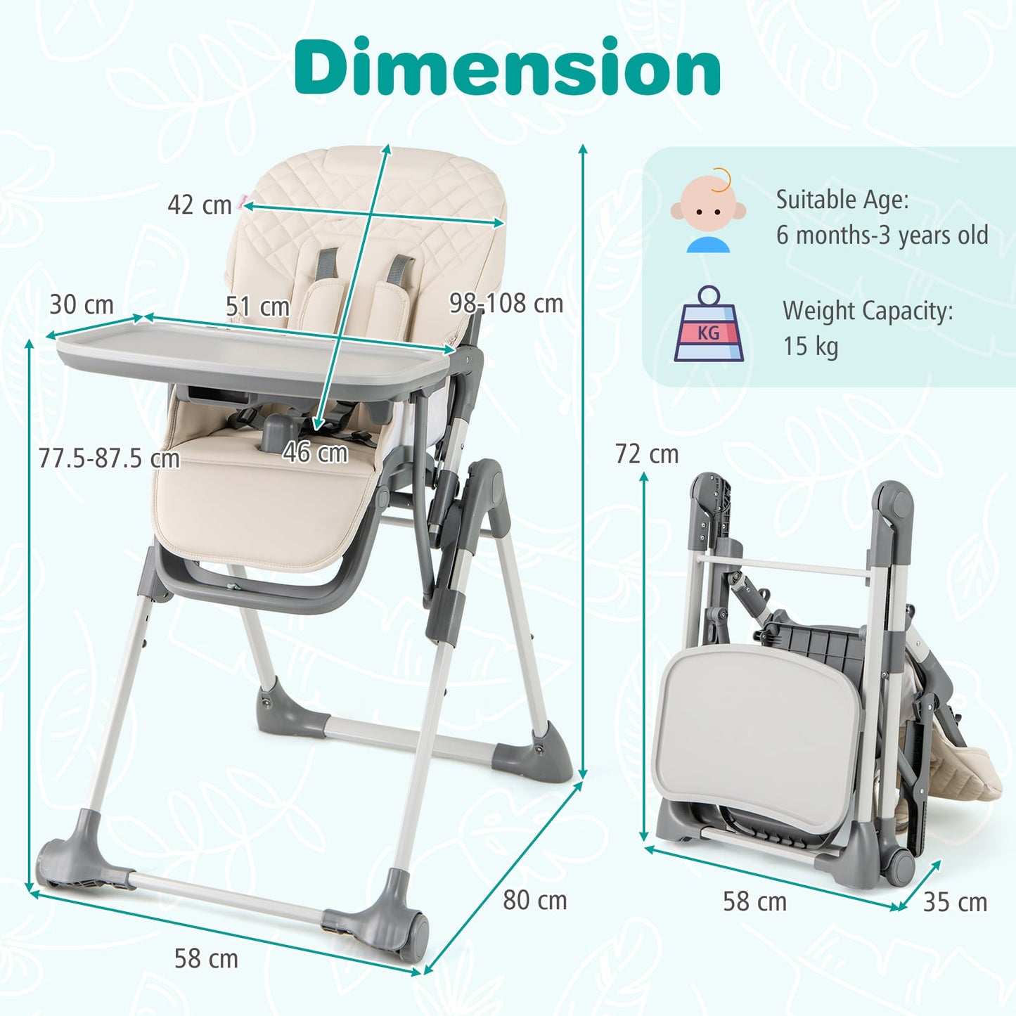 Portable Adjustable Highchair with Footrest and Detachable Tray for Babies-Beige