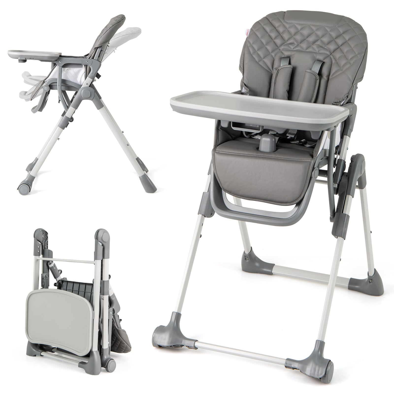 Portable Adjustable Highchair with Footrest and Detachable Tray for Babies-Grey