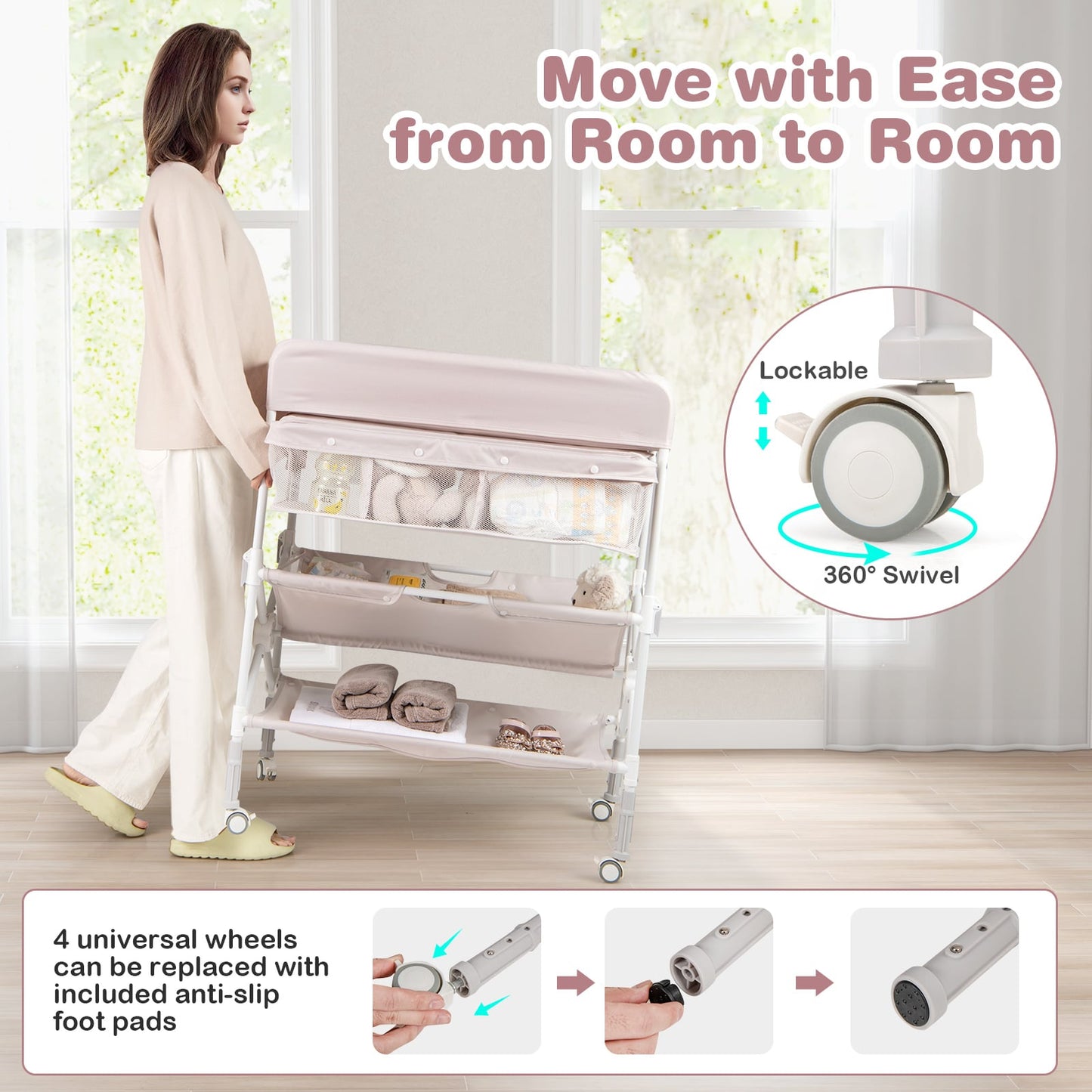 Foldable Baby Changing Table with Wheels and Adjustable Height-Light Pink