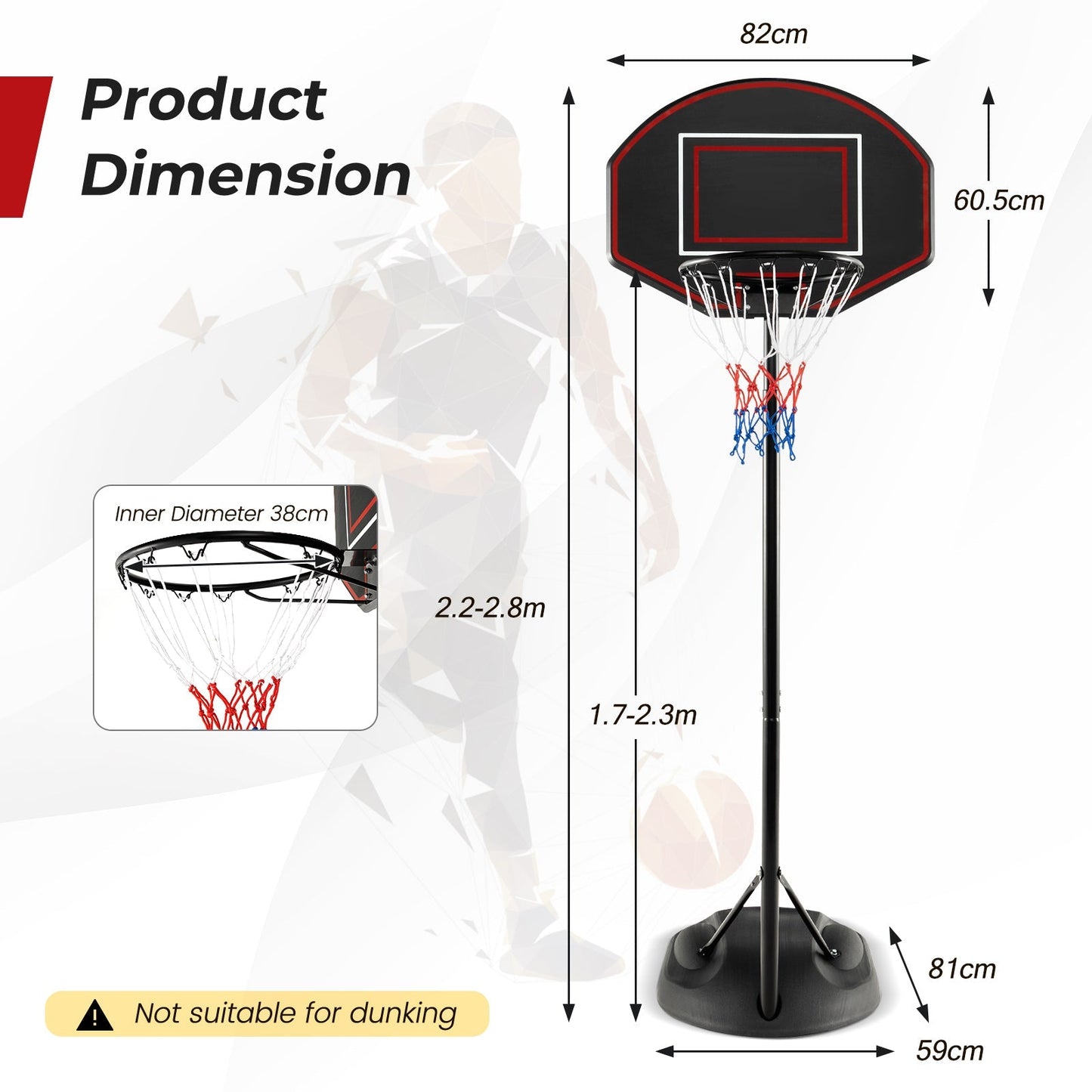 1.67 m-2.28 m Portable Basketball Hoop System with  Anti-Rust Stand