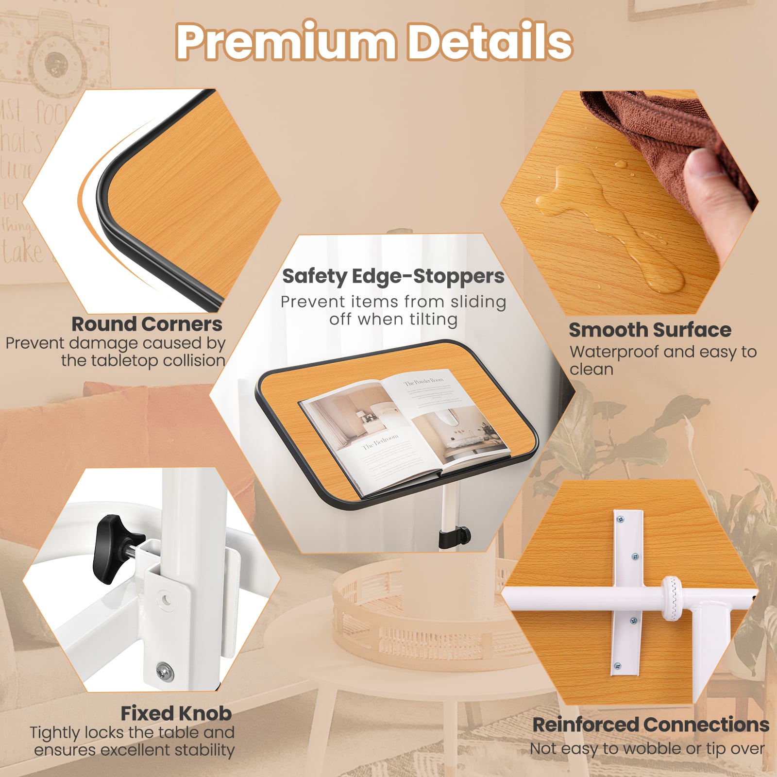 Portable Bedside Table with 9 Level Adjustable Height-Natural